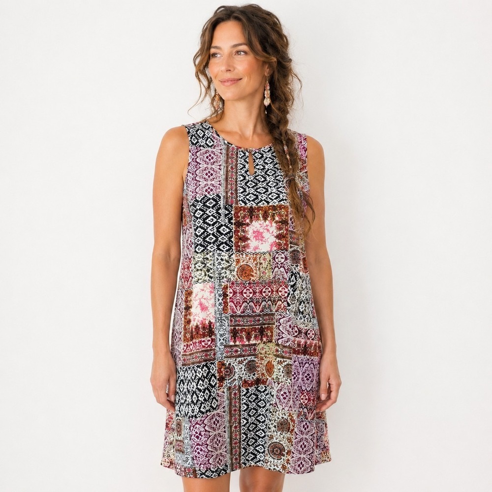 J. JILL Size Medium Sleeveless Keyhole Neck Boho Patchwork Shift Dress w/Pockets